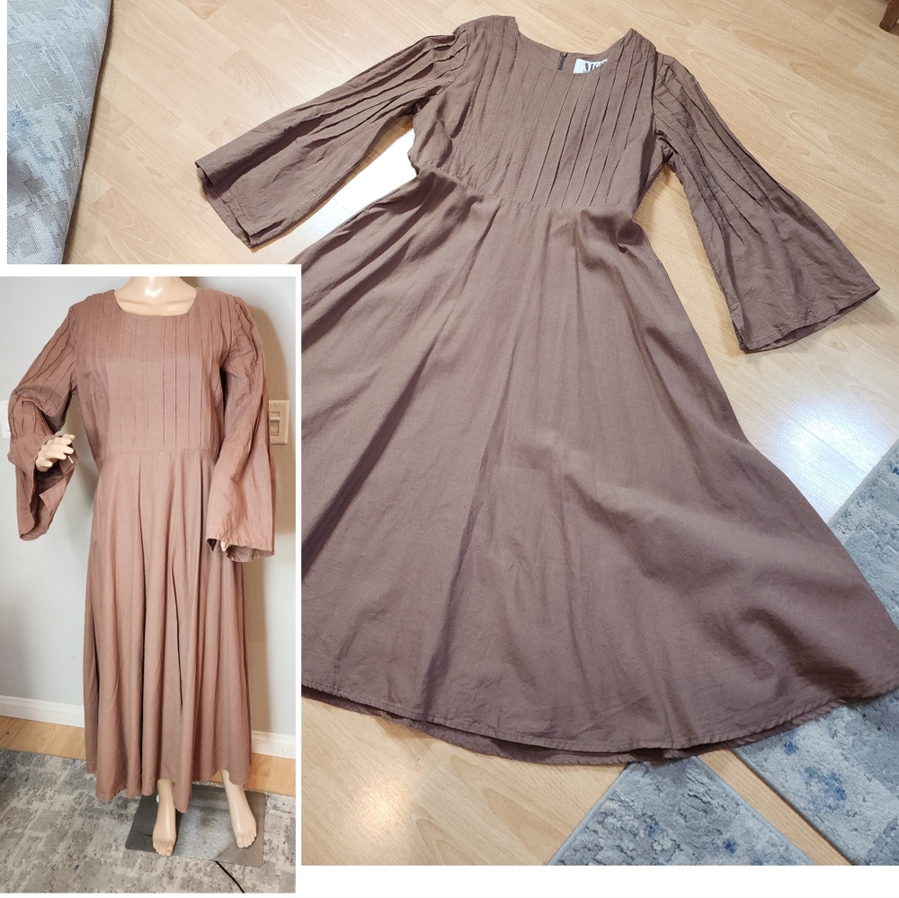 Night Studio 100% Linen Dress Brown Tan Midi Maxi Pintuck Pockets Size Medium